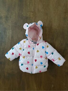 Old Navy Light Pink Heart Print Puffer Jacket with Hood
